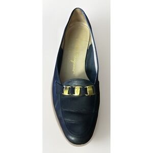 Salvatore Ferragamo Navy Leather Loafers Gold Bit Hardware Sz 6 B Made in Italy